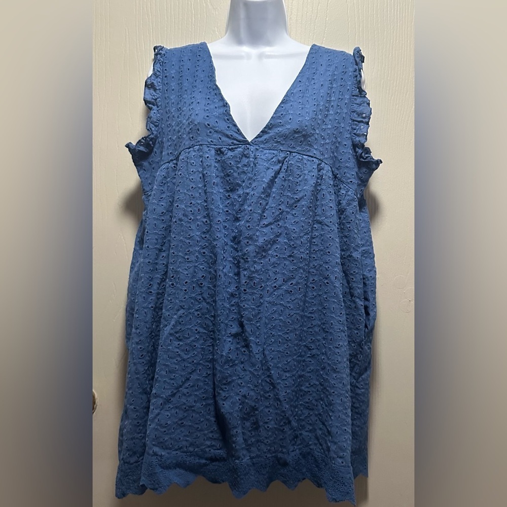 Blue Eyelet Babydoll Dress with Ruffle Sleeves - Size Large - Summer Chic - Picture 9 of 16